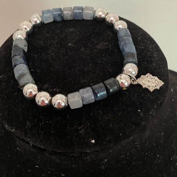 Blue, gray, white, & black beaded First Communion stretch bracelet w/charm - Picture 3 of 8